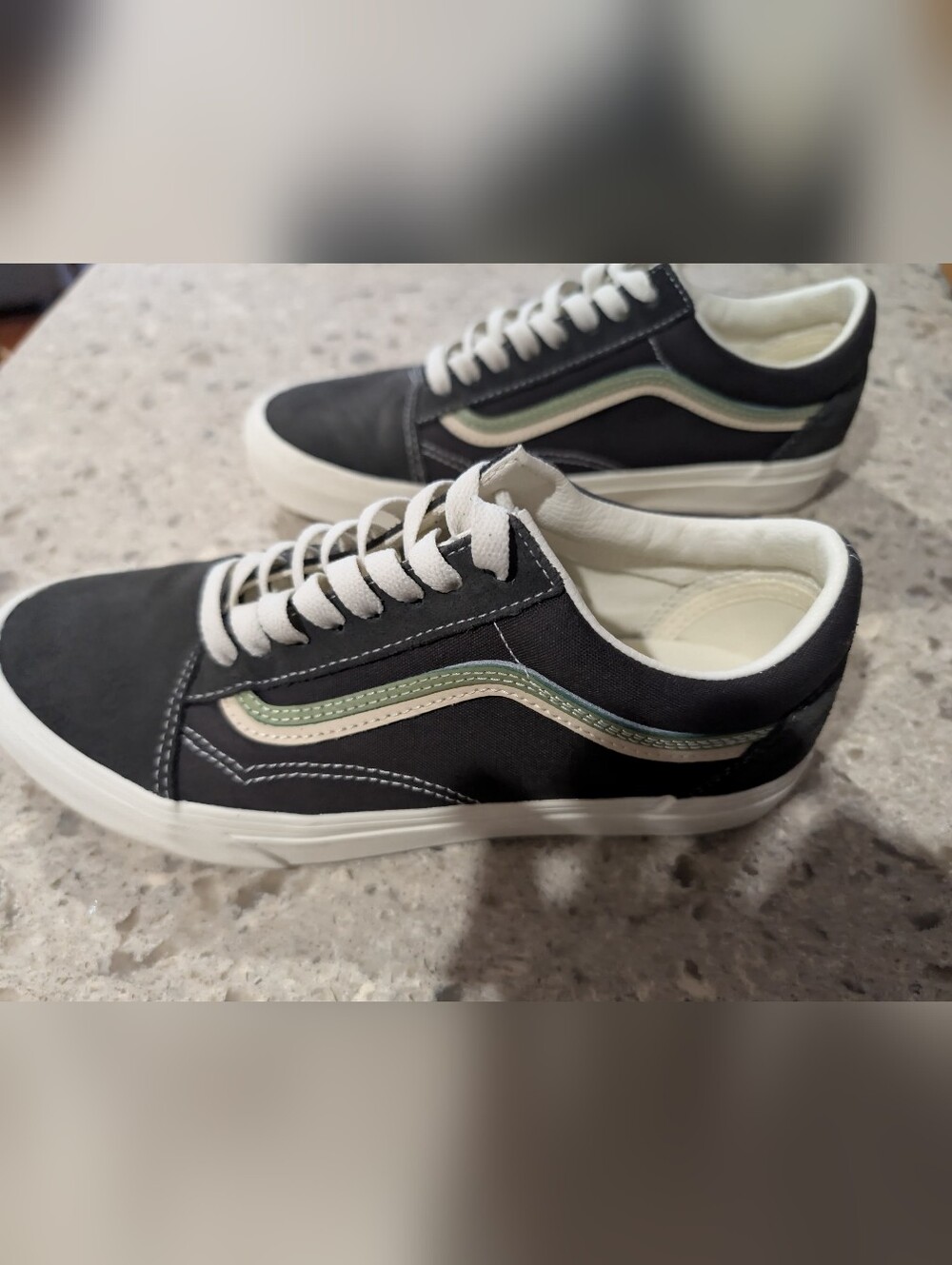 Vans Old Skool Black Low-Top Sneakers with White Sole and Green/Cream Stripe